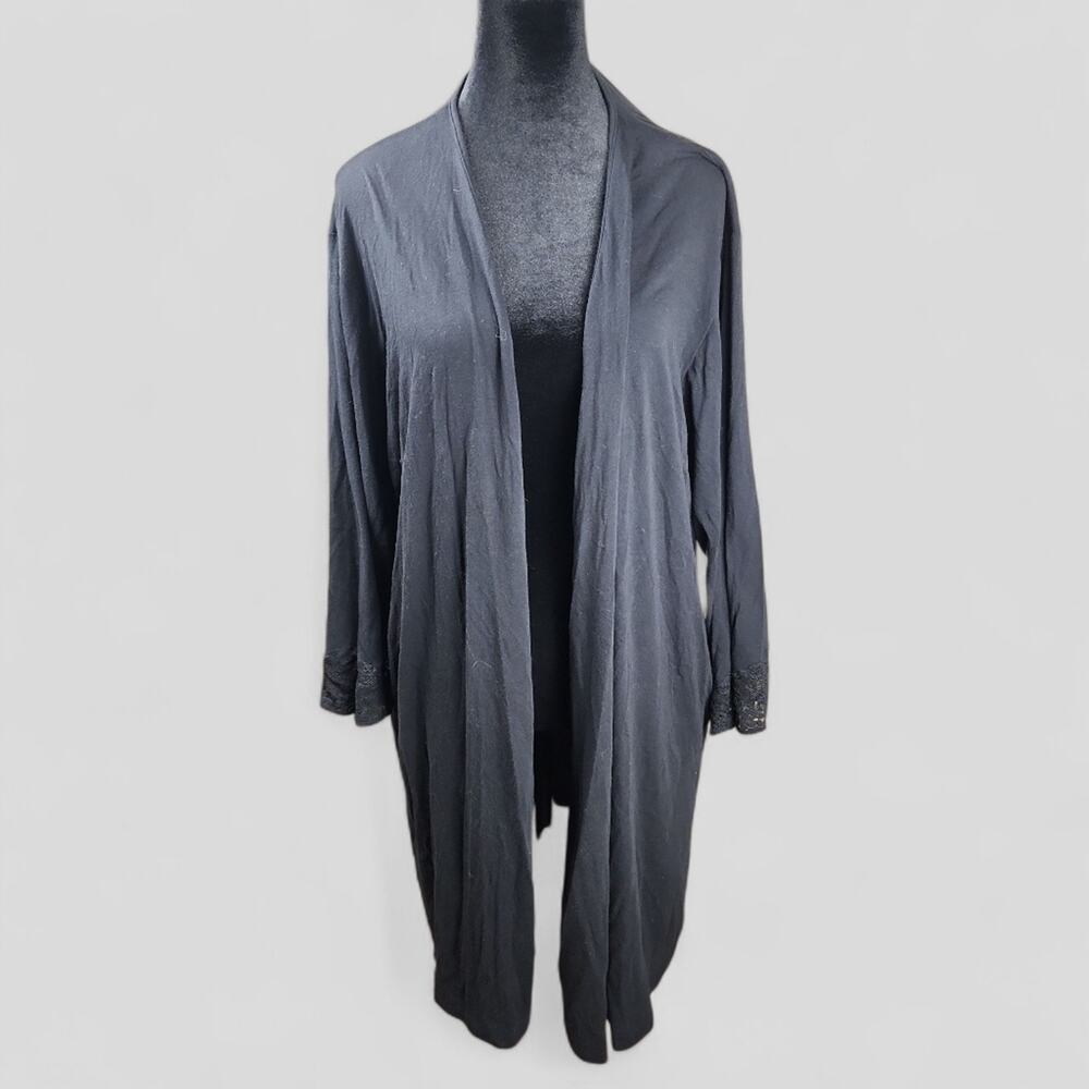 OSCAR DE LA RENTA | Pink Label Black Cardigan Soft Cozy Robe Lace Sleeves | XL
